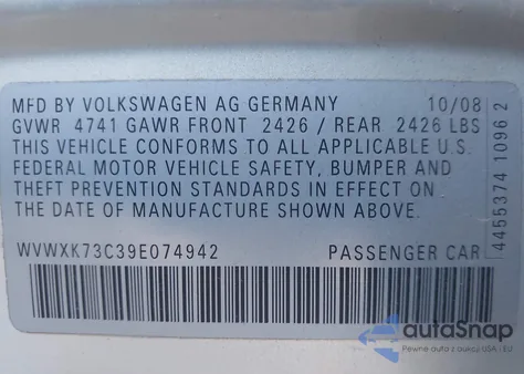2009 Volkswagen Passat Komfort from USA, damaged, VIN WVWXK73C39E074942